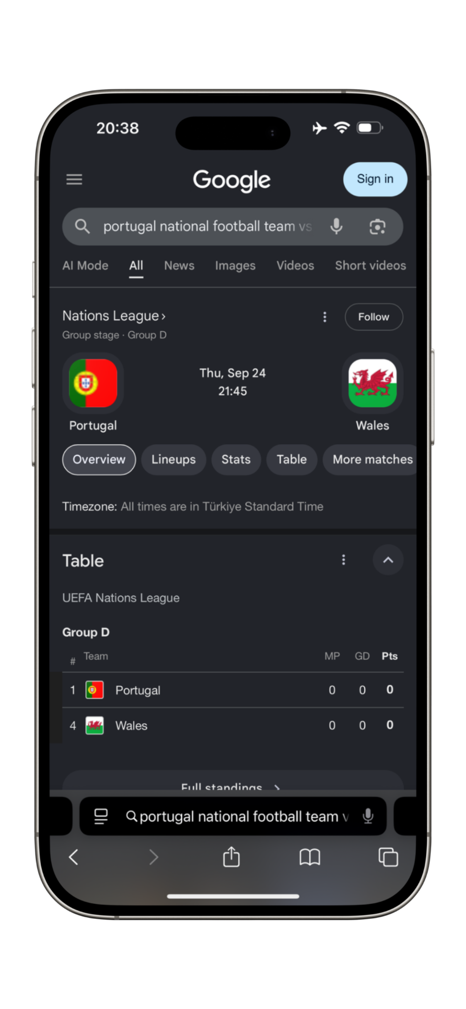 Upcoming football match screenshot shown on a phone